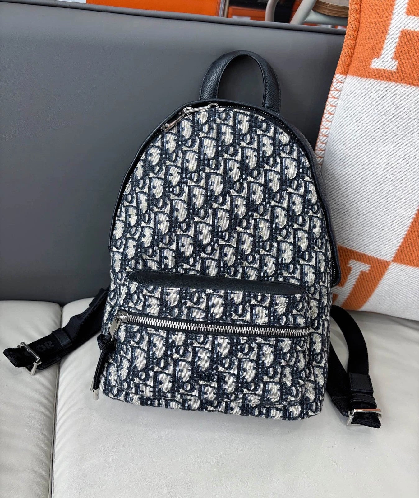 Christian Dior Oblique PM Backpack Blue Silver Unisex Adults Classic