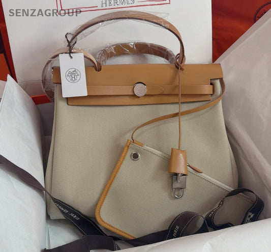 Hermes Herbag31 Top Handle Shoulder Crossbody White Brown Silver Women Classic