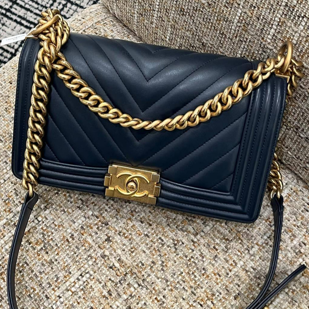 Chanel Le Boy Medium Chevron Blue Gold Chain Shoulder Crossbody Bag