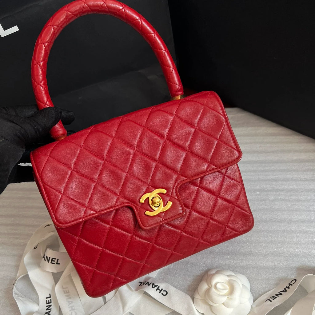 Chanel Kelly Vintage Top Handle Bag Diamond Red Gold Used Women Classic