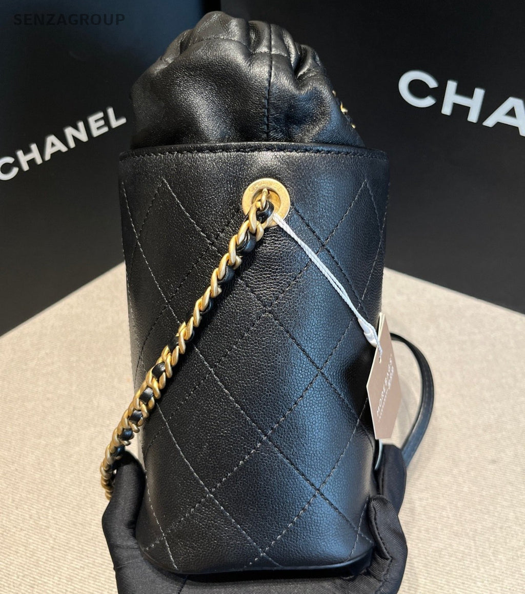 Chanel Easy Mood MM Bucket Chain Shoulder Bag Crossbody Black Gold Women Classic