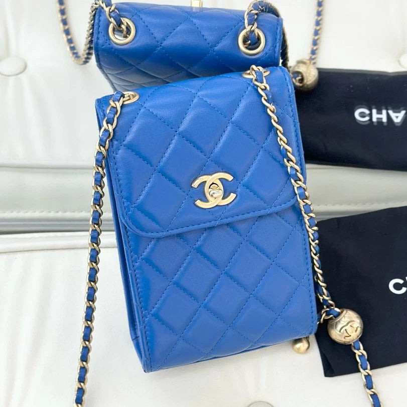 Chanel Lambskin Phone Bag Shoulder Crossbody Bag Blue Gold Hardware Women S