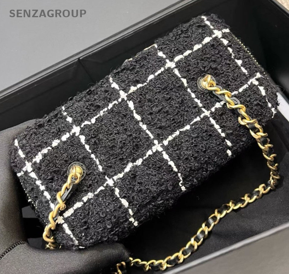 Chanel Tweed Long Box Chain Shoulder Bag Crossbody Black Gold Women Classic