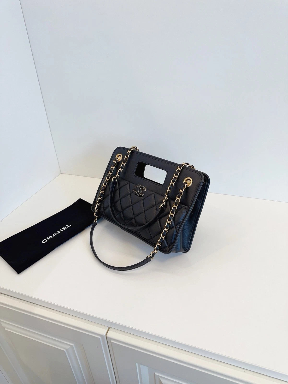 Chanel Vintage Chain Briefcase Caviar Leather Handbag Crossbody Bag Black
