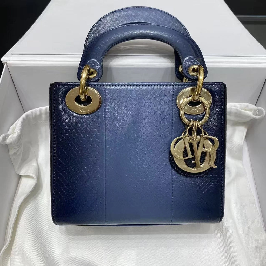 Dior Women Blue Gold Leather Lady Dior Top Handle Bag