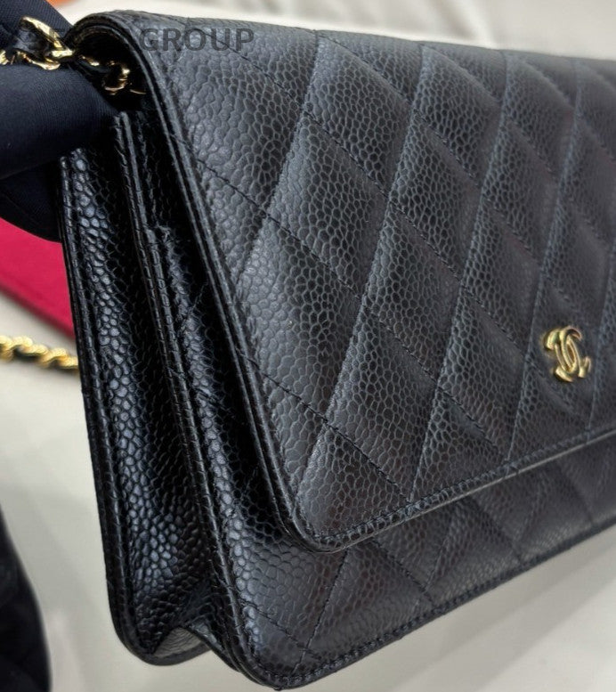 Chanel WOC Calfskin Chain Shoulder Bag Crossbody Black Gold Women Classic