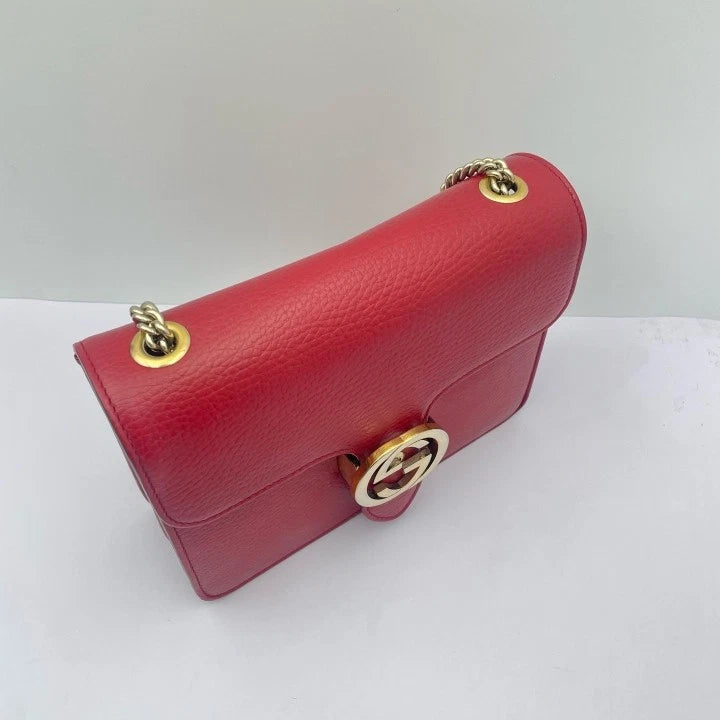 Gucci Red Grained Leather Small Accordion Chain Crossbody Bag For Women