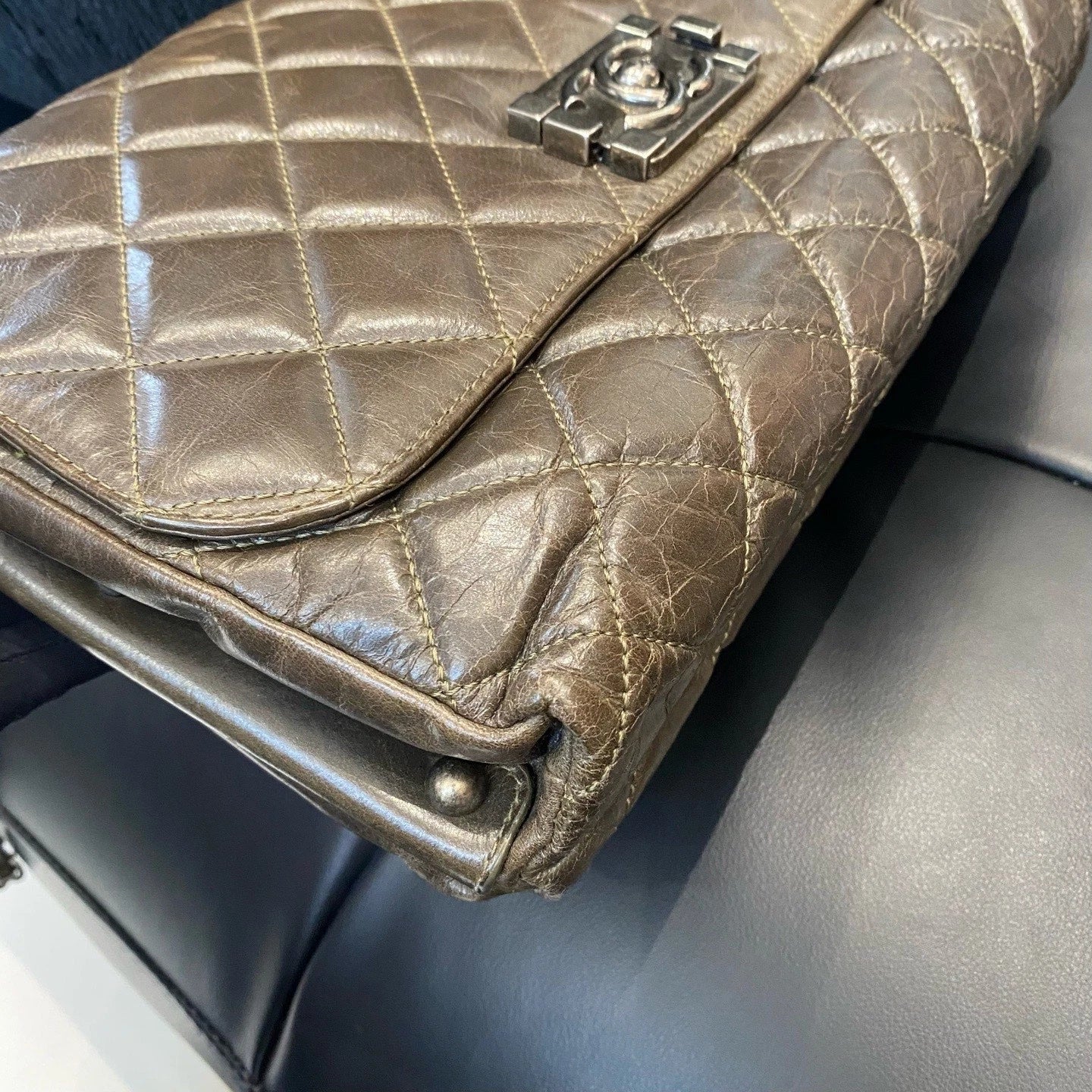 Chanel Leboy Chain Diamond Shoulder Bag Brown Silver Used Women Classic