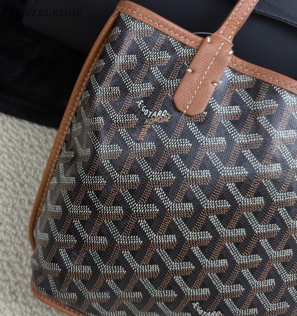 Goyard Leather Monogram Tote Top Handle Shoulder Bag with Pouch Women Brown.