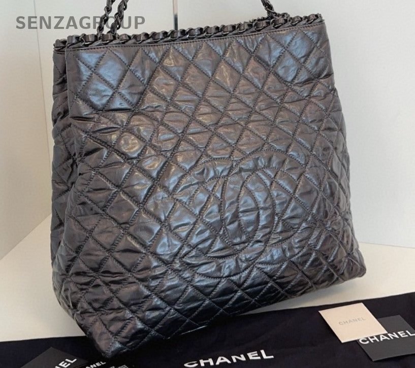 Chanel Diamond Chain Tote Handbag Shoulder Bag Black Used Women Classic