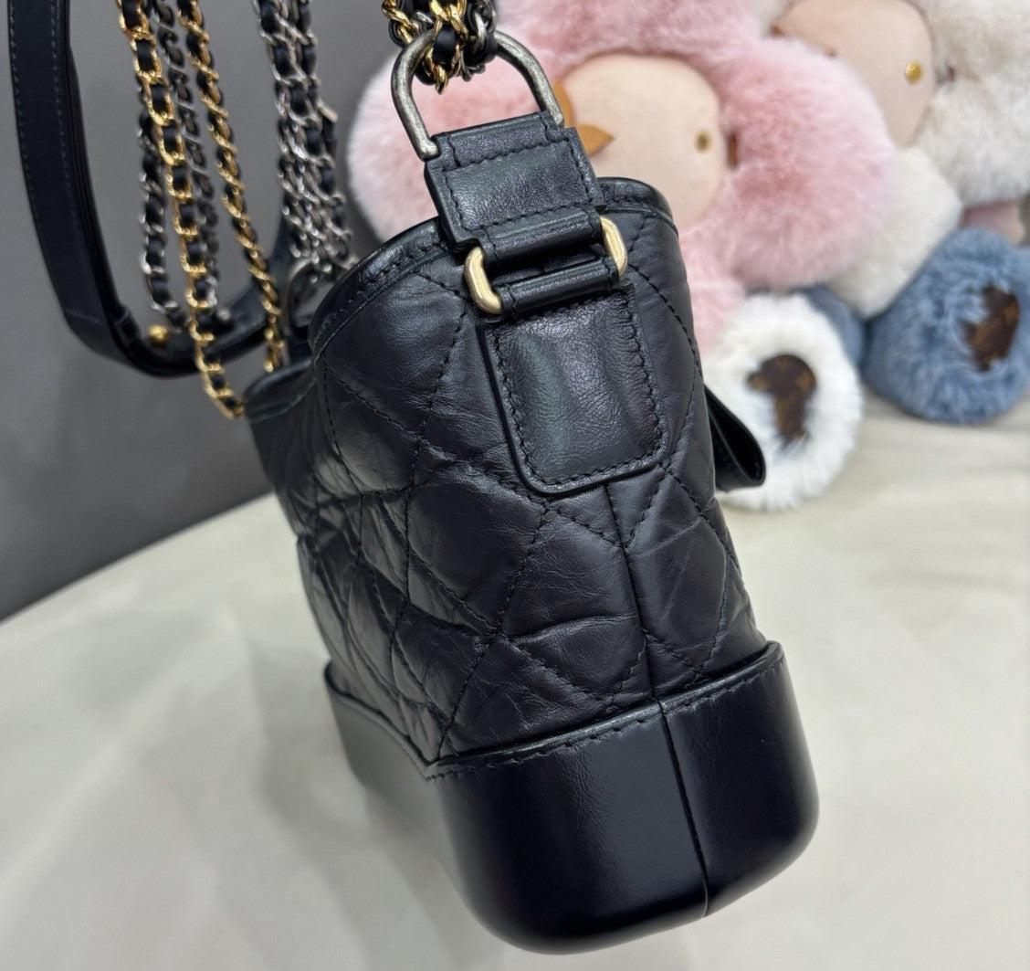 Chanel Gabrielle PM Chain Shoulder Bag Crossbody Black Gold Diamond Women