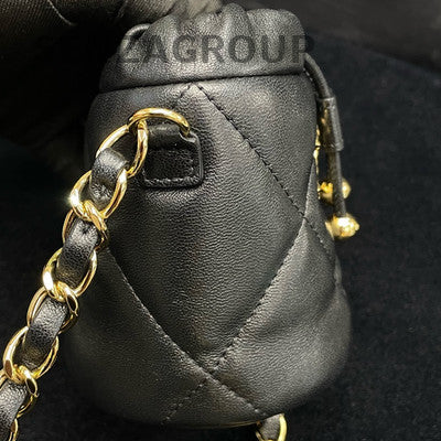 Chanel 21B Black Gold Mini Bucket Bag Lamb Leather Chain Crossbody