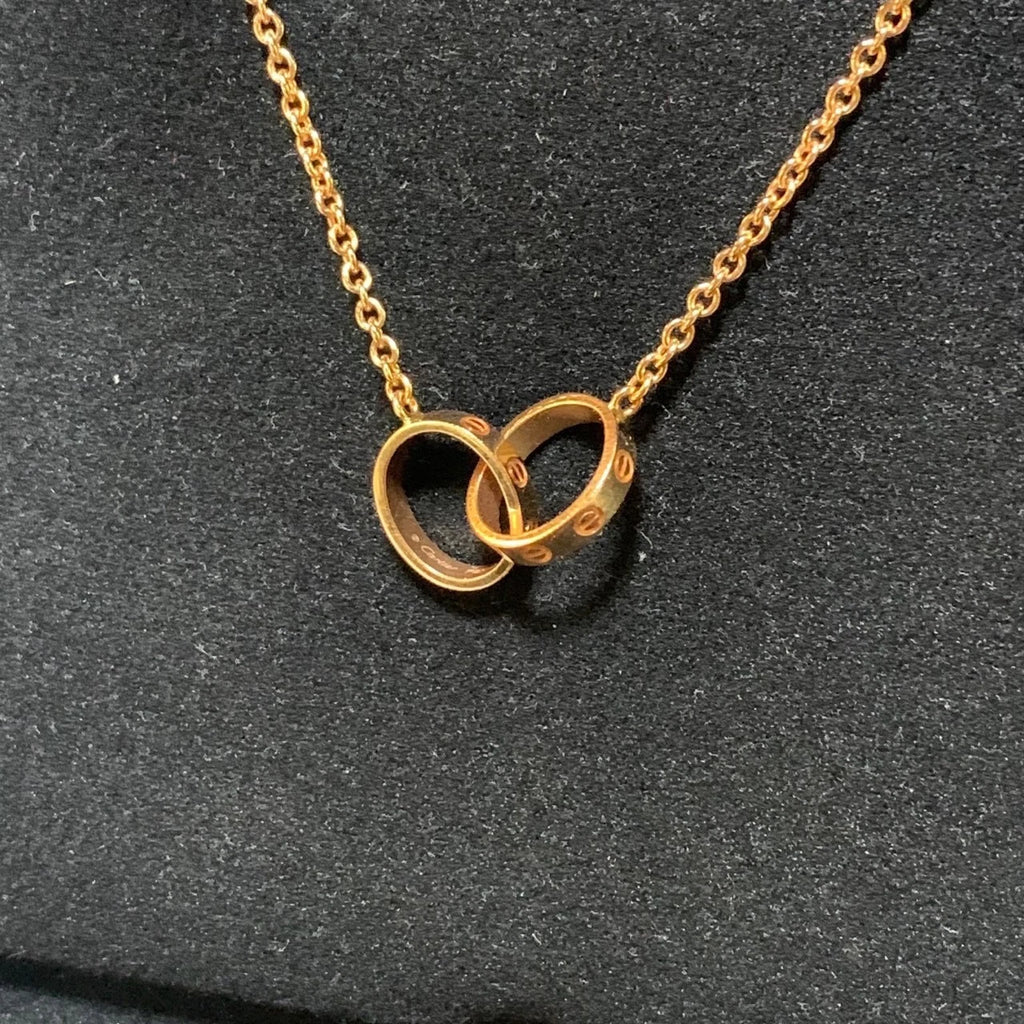 Cartier Love Necklace 18K Pink Rose Gold Double Ring Round Pendant