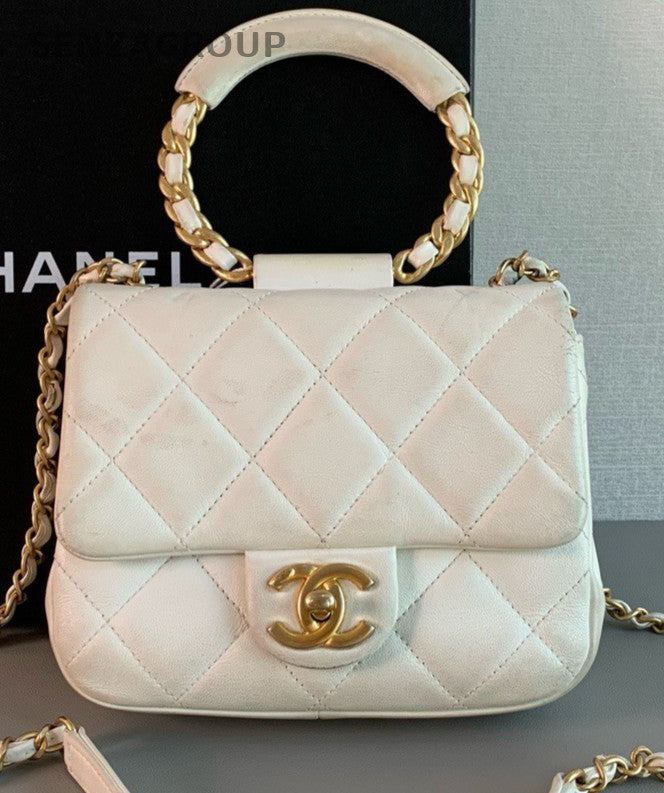 Chanel  Classic Flap 20C Chain Top Handle Bag Crossbody White Gold Used Women