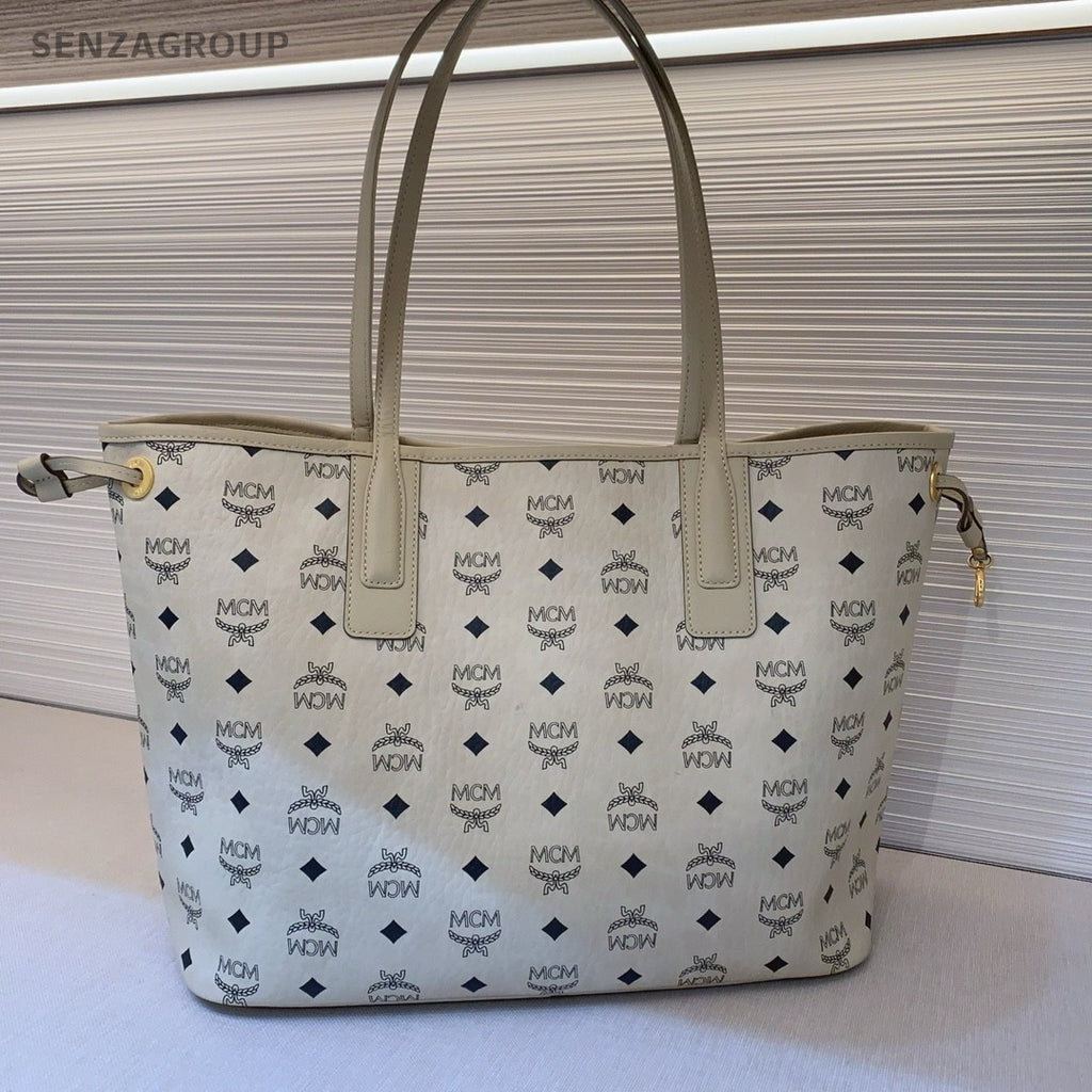 MCM Beige white Classic logo tote Shoulder bag
