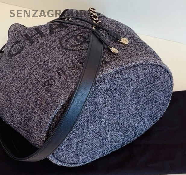 Chanel Beach Drawstring Bucket Chain Shoulder Bag Crossbody Gray Black Women