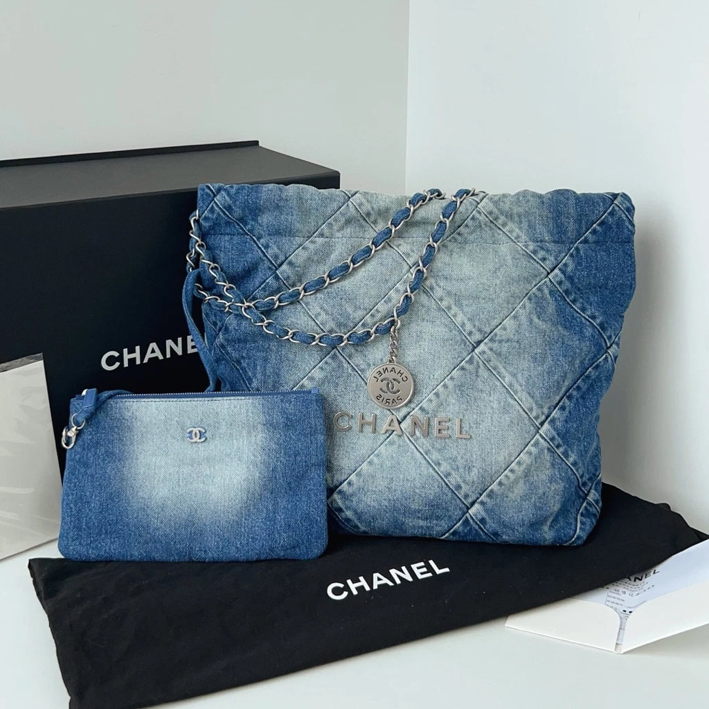 Excellent Chanel 22Bag PM Blue Denim Silver Chain Shoulder Bag Crossbody