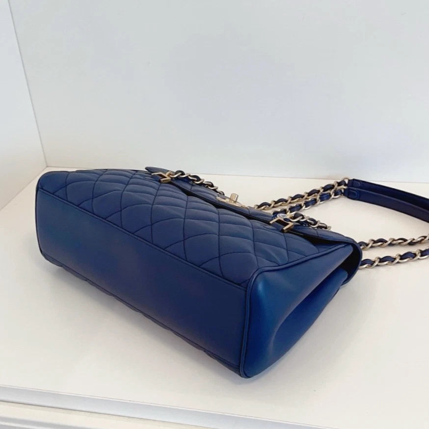 Chanel Diamond Tote Chain Shoulder Bag Blue Gold Used Women Classic