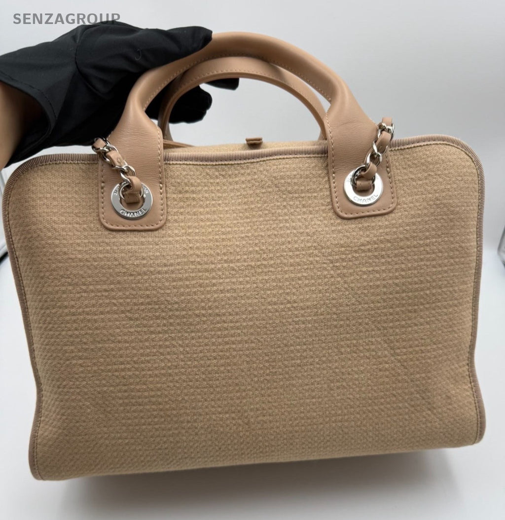 Chanel Canvas Beach Bag Top Handle Bag Chain Shoulder Bag Beige Silver Women