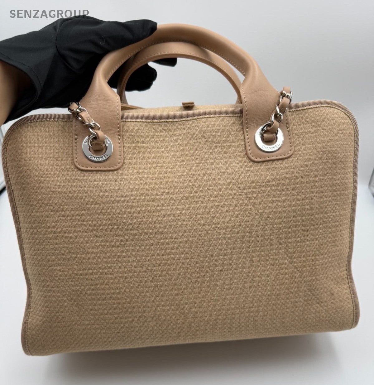 Chanel Canvas Beach Bag Top Handle Bag Chain Shoulder Bag Beige Silver Women
