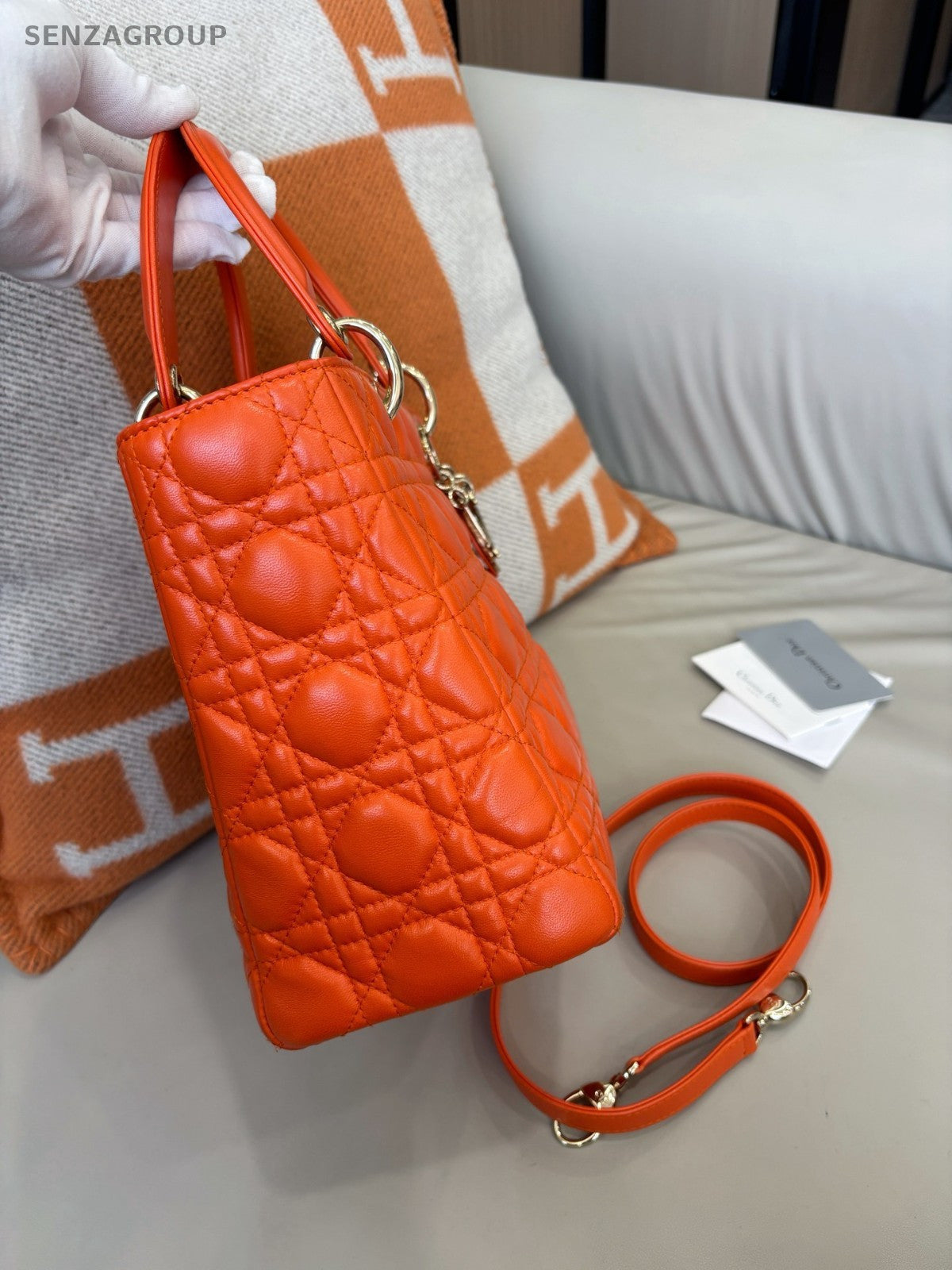 Christian Dior Lady Top Handle Lambskin 2WAY Shoulder Handbag Women Orange