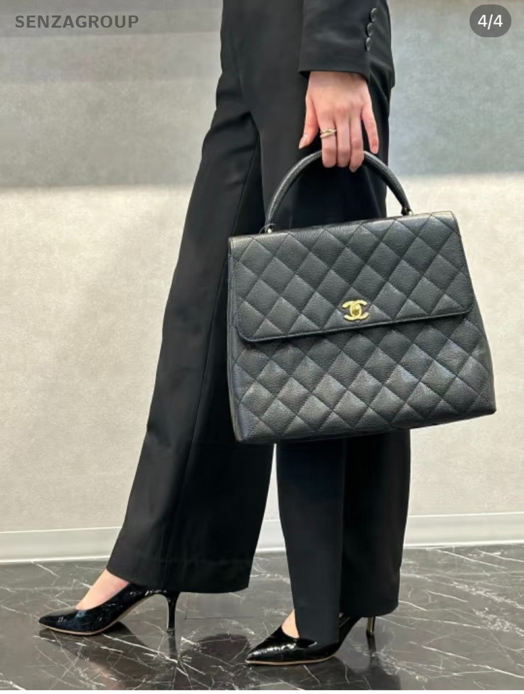 Chanel Vintage Kelly Caviar Leather Handbag Top Handle Bag Women Black