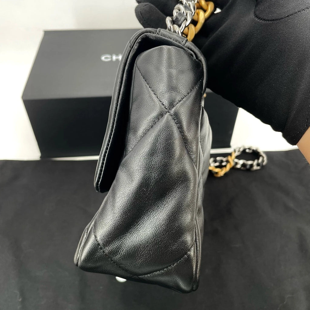 CHANEL 19 Small Black Gold Lambskin Shoulder Crossbody Bag For Women