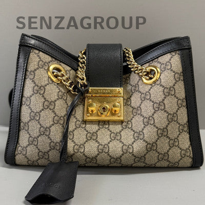 Gucci Small Padlock Chain Shoulder Bag Black Brown Gold Hardware