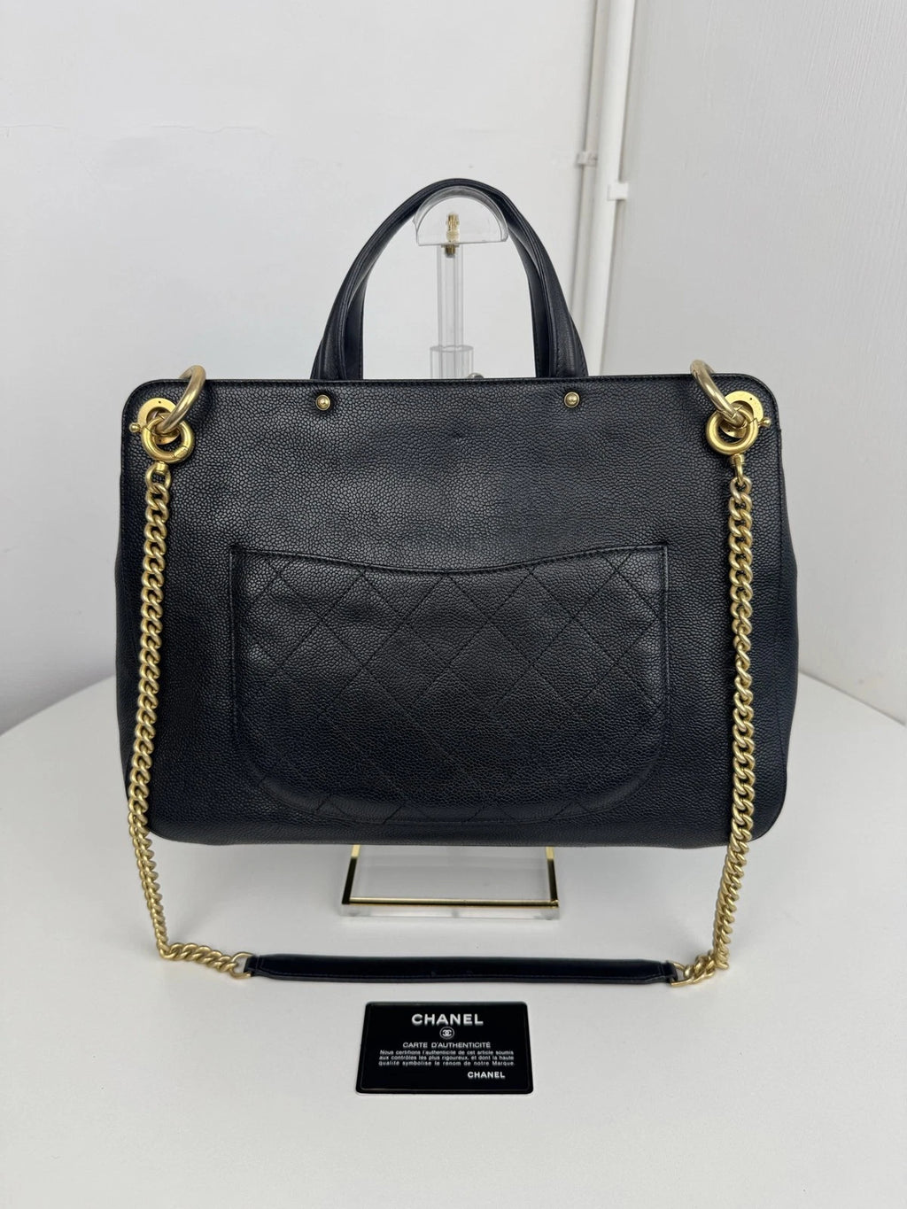 Authentic Chanel Calfskin Tote Black Handbag Gold Chain Shoulder Bag Turnlock