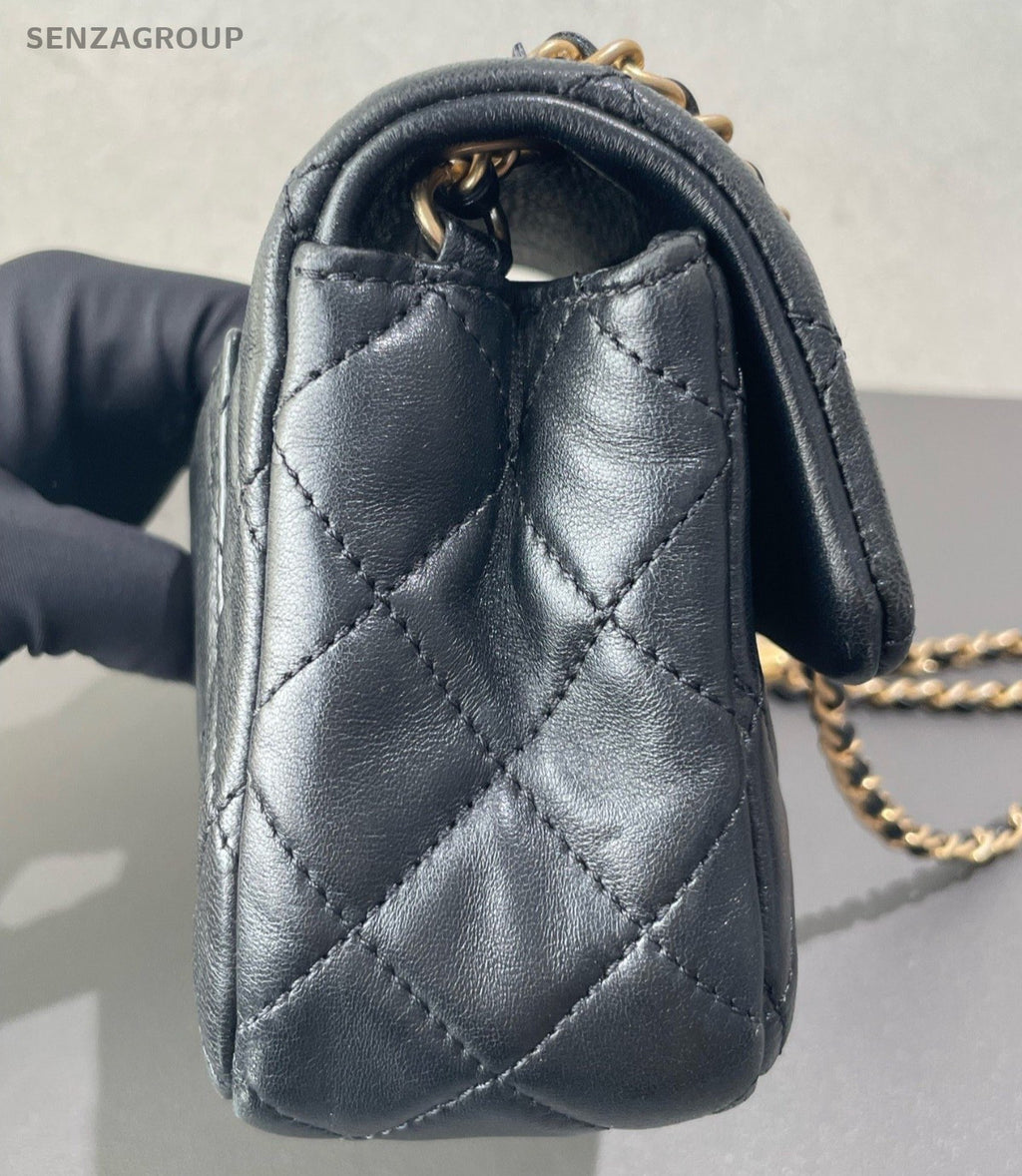Chanel Classic Flap Mini Lambskin Chain Shoulder Bag Crossbody Black Gold Women