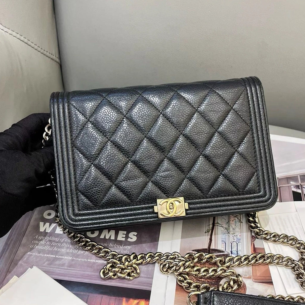 Chanel Leboy WOC Chain Shoulder Crossbody Black Gold Women Classic Diamond
