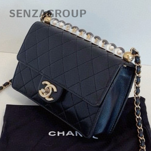 Chanel Classic Flap Pearl Chain Shoulder Bag Crossbody Black Gold Women Fashion