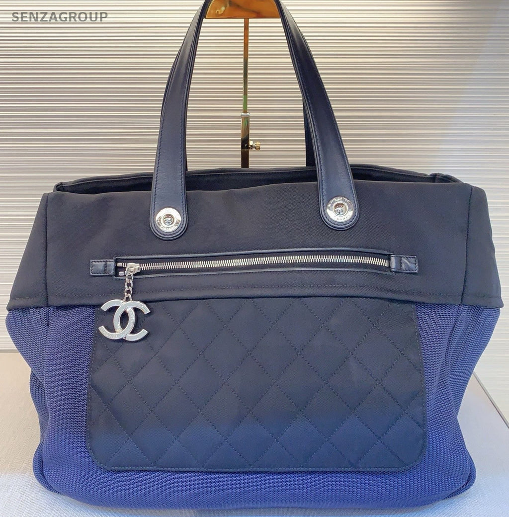 Chanel Diamond Pattern Beach Shoulder Bag Blue Silver Black Used Women Classic