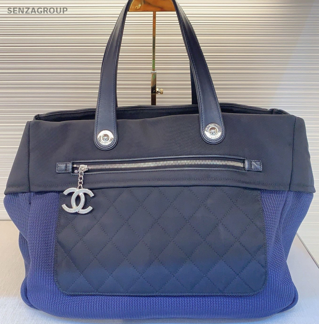 Chanel Diamond Pattern Beach Shoulder Bag Blue Silver Black Used Women Classic