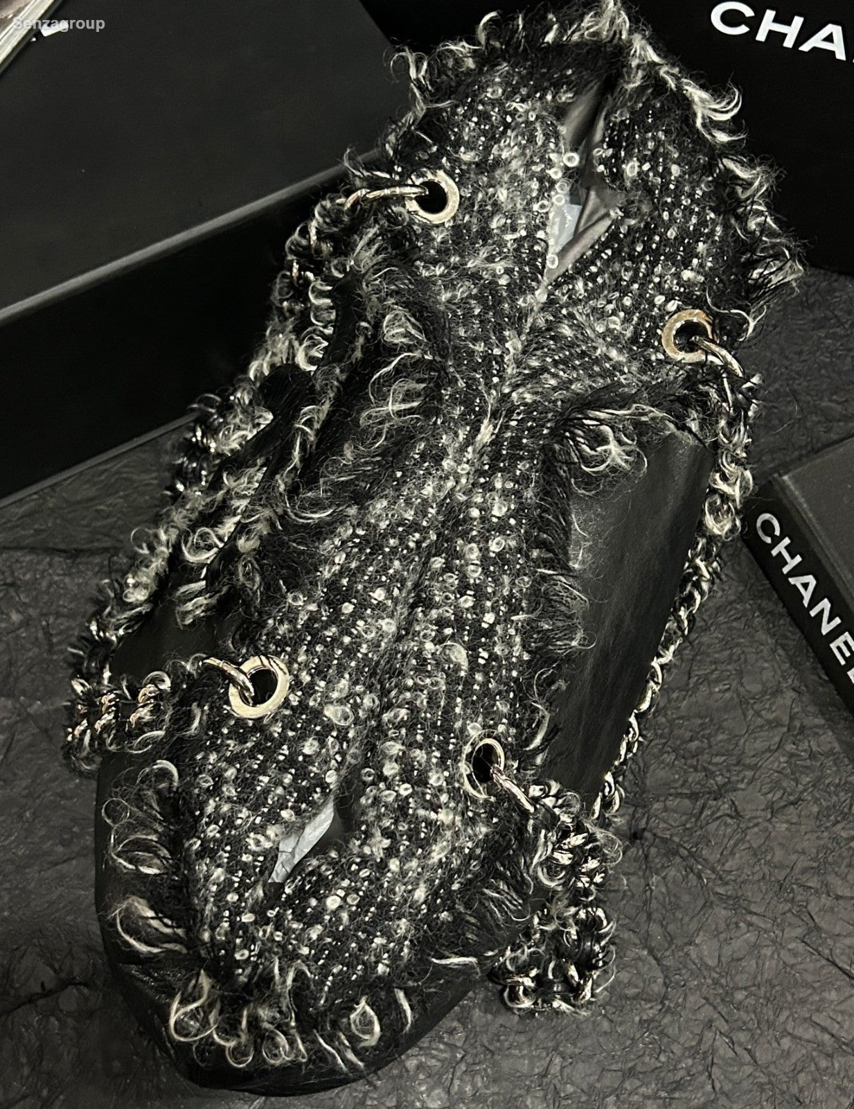 Chanel CC Logo Tassel Fringe Shoulder Bag Black Silver Used Women Classic