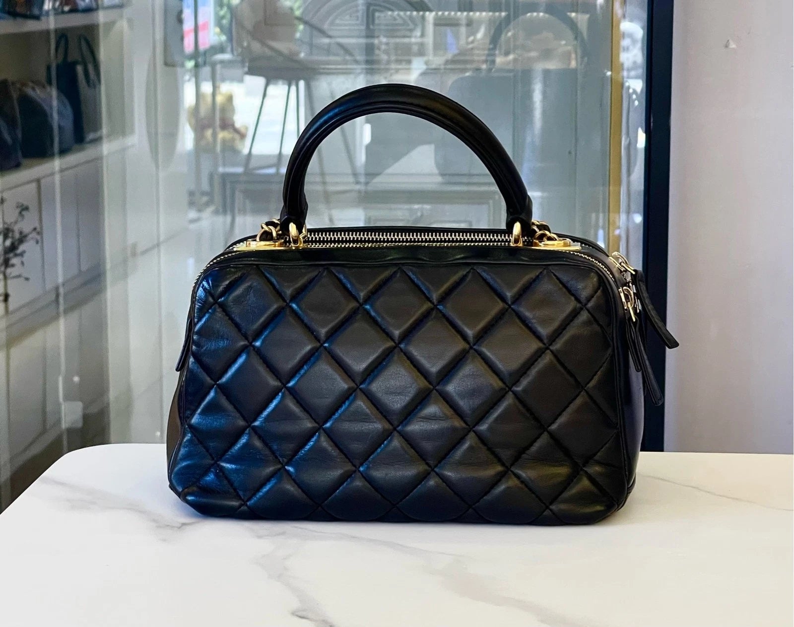 CHANEL Black Leather Bowling Top Handle Bag For Women