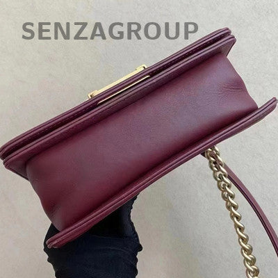 Chanel Le Boy Small Wine Red Gold Hardware Calfskin Chain Shoulder Bag