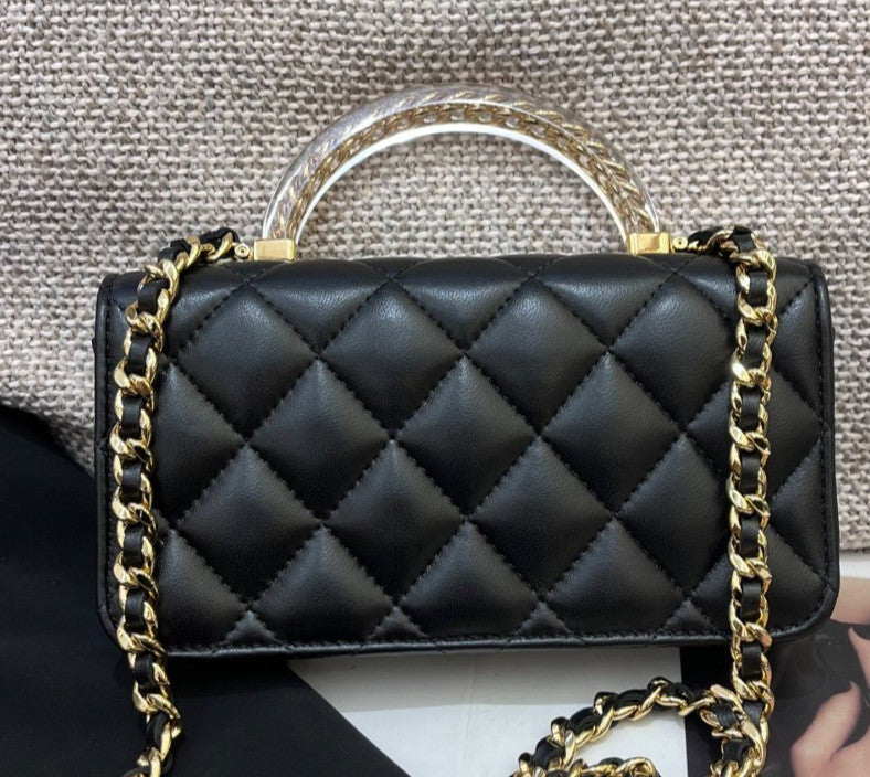 Chanel Diamond Lambskin WOC Chain Top Handle Bag Crossbody Black Gold Women