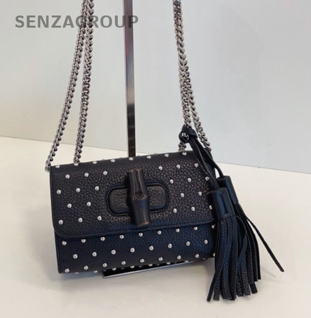 Gucci Miss Bamboo Chain Shoulder Bag Black Silver Women Classic Fashion