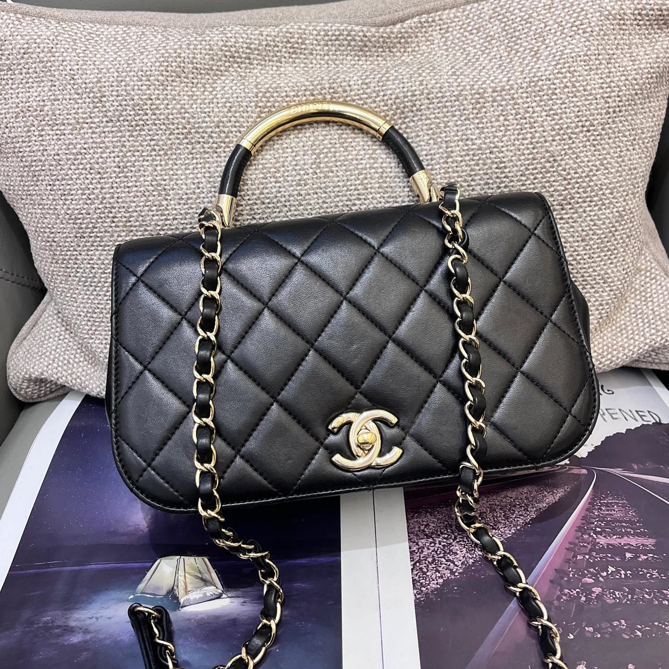 Chanel Lambskin Chain Top Handle Crossbody Black Gold Diamond Women Classic