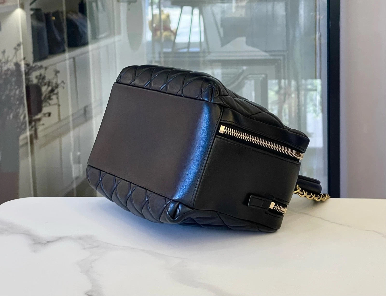 CHANEL Black Leather Bowling Top Handle Bag For Women