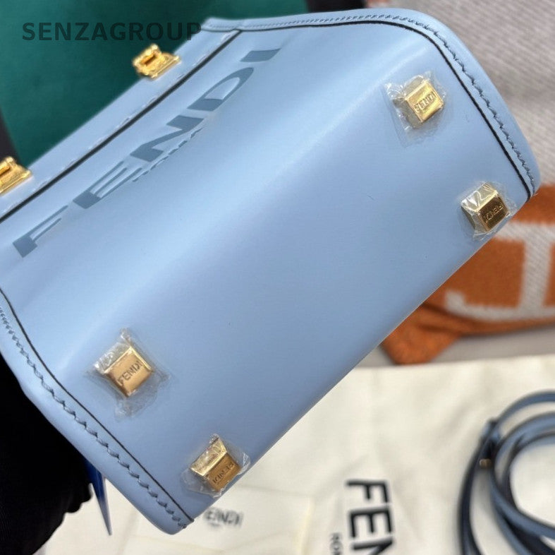 Fendi Sunshine Mini Tote Calfskin Crossbody Blue Gold Women Classic