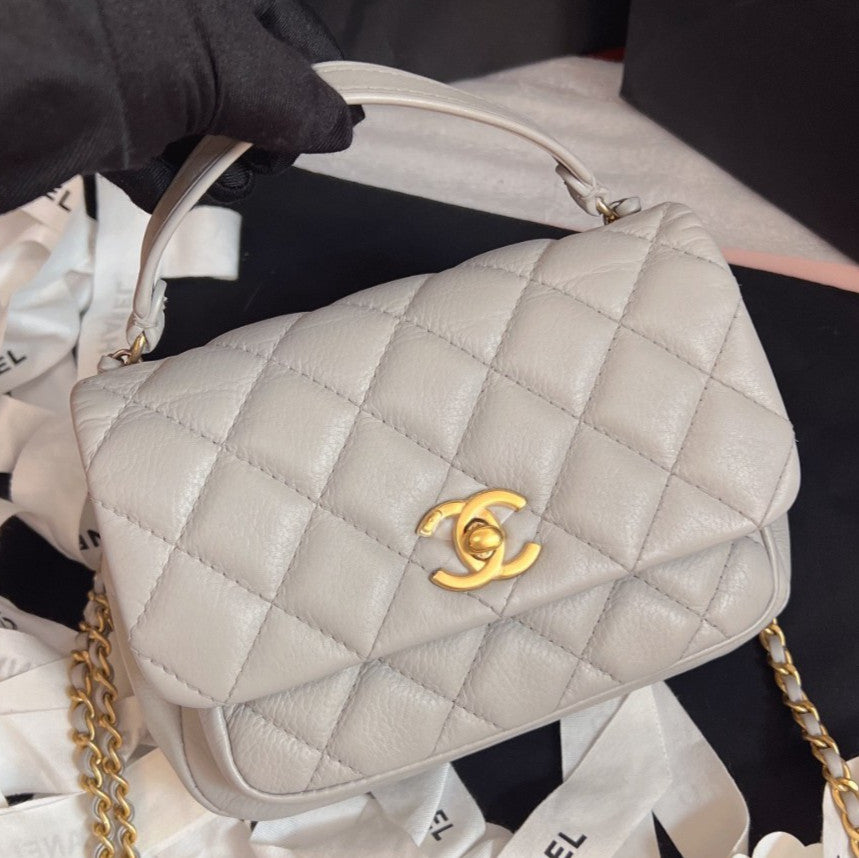 Chanel Diamond Mini 2Way Top Handle Chain Crossbody Gray Gold Women Classic
