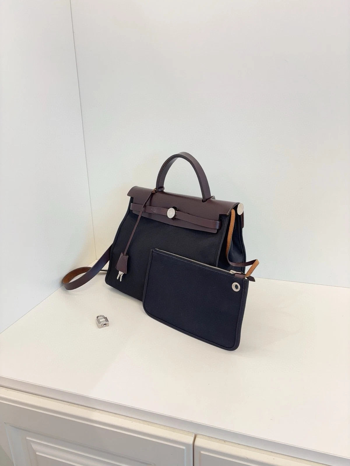 Hermes Herbag 31 Crossbody Bag Black Brown Silver Hardware