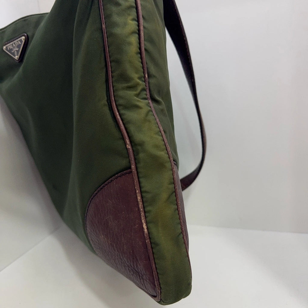 PRADA Women Triangle Logo Nylon Leather Tote Crossbody Shoulder Bag