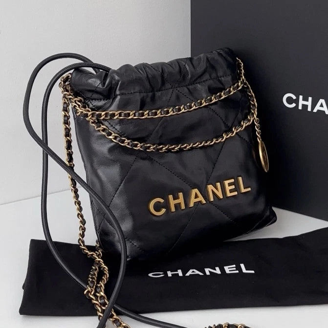 Excellent Chanel 22Bag Mini Gold Chain Black Handbag Shoulder Bag Crossbody