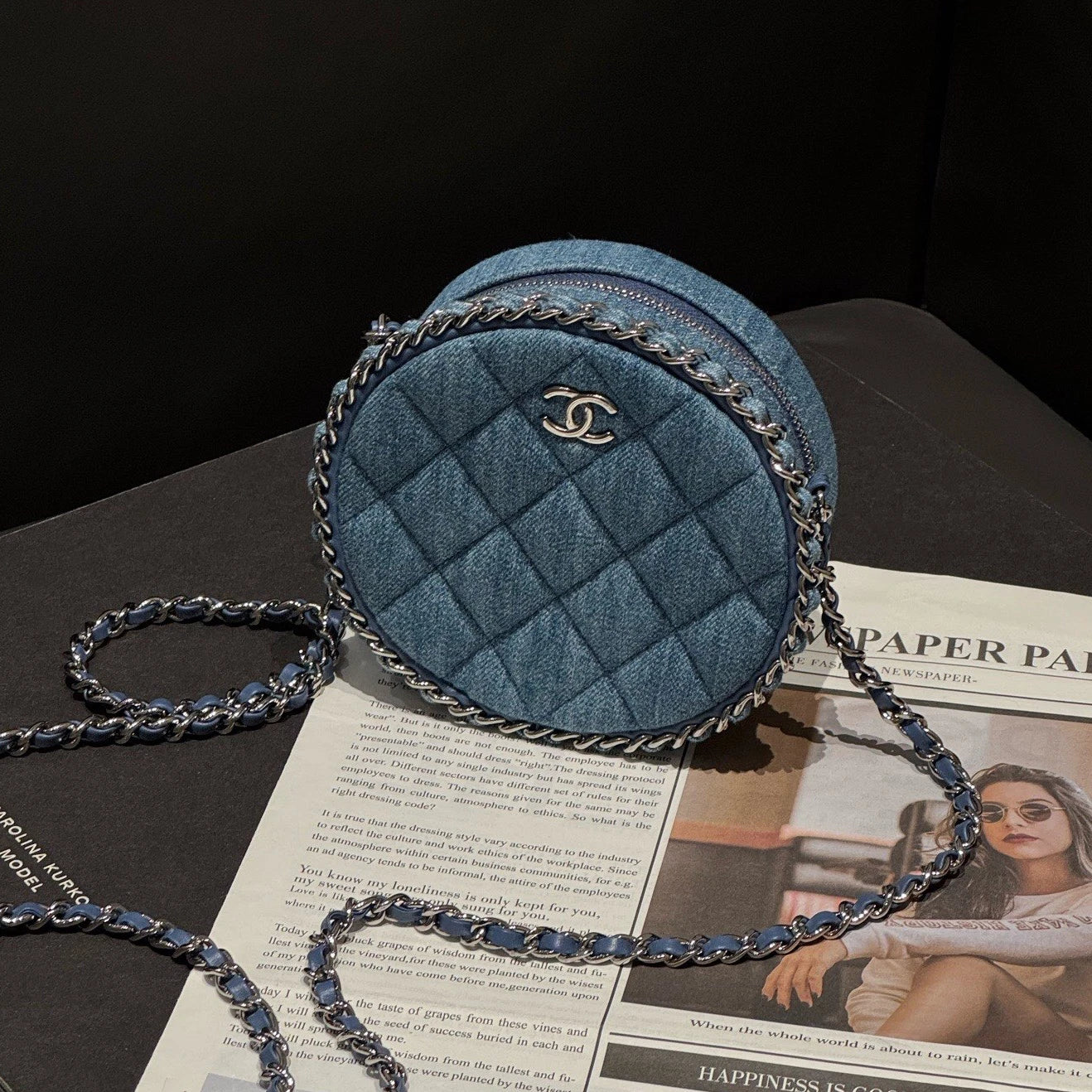 Chanel Denim Round Bag Chain Crossbody Blue Gold Diamond Women Classic