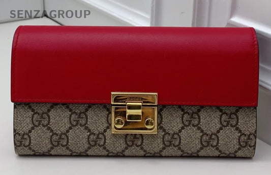 Gucci  Padlock Monogram Clutch Bag Chain Shoulder Bag Brown Red Gold Women