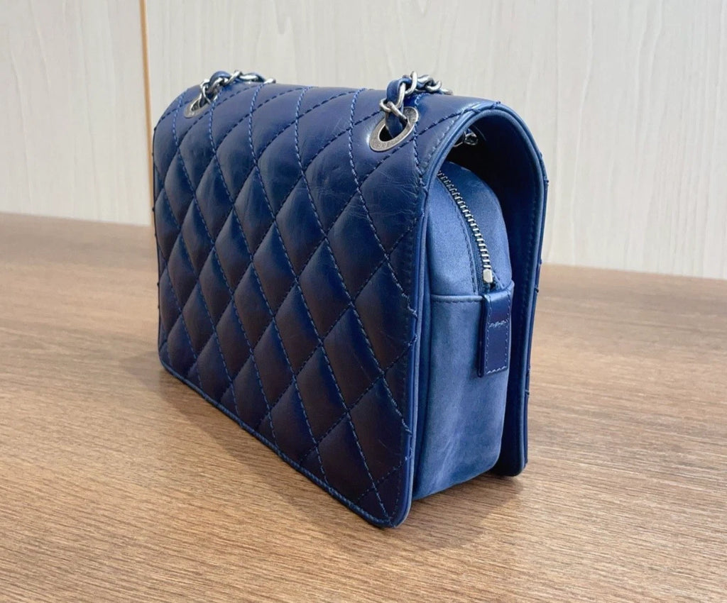 Chanel Diamond PM Turn Lock Blue Chain Sliver Hardware Shoulder Bag Women