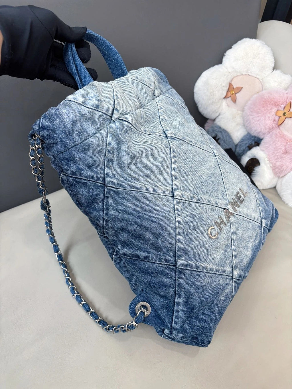 Chanel 22Bag Chain Backpack Blue Silver Diamond Women Classic Fashion